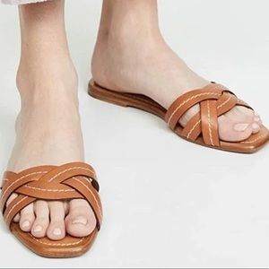 Veronica Beard SZ 39.5 Maili Leather Braided Flas Sandals Slides In Camello